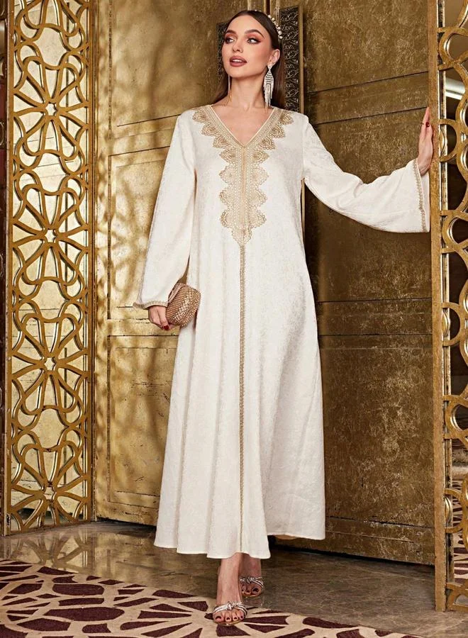 Take Two beige Beige V Neck Embroidered Panel Jalabiya for Women | Best Price UAE